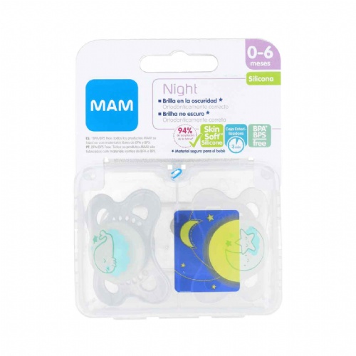 Chupete silicona - mam original night (0- 6 m 2 u +caja esterilizadora)